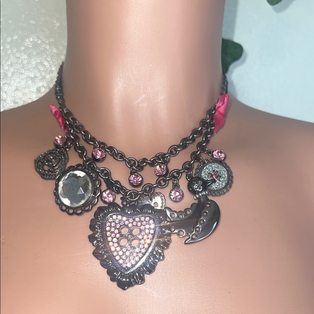Betsey Johnson Pink Crystal Heart & Charm Statement Necklace